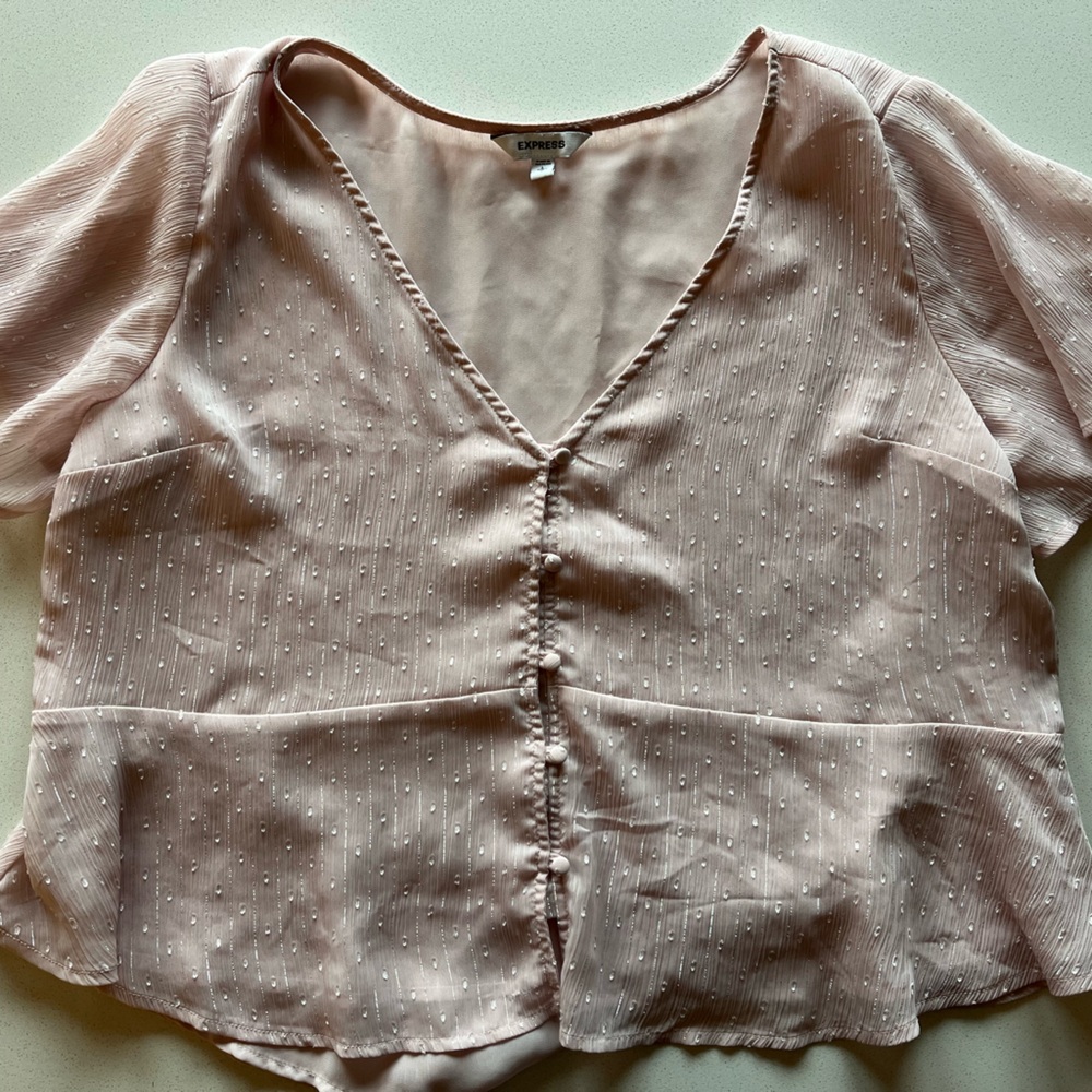 Express Light Pink Metallic Button-Front Blouse - Picture 6 of 8